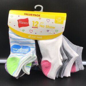 Hanes Girls' 12pk No Show Athletic Socks All-Over Mesh Size L
